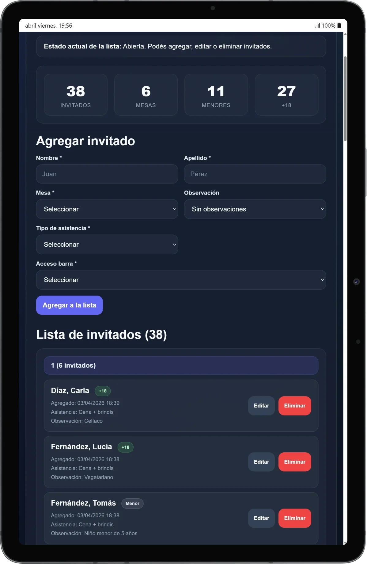 Panel del cliente - Tu Lista de Invitados