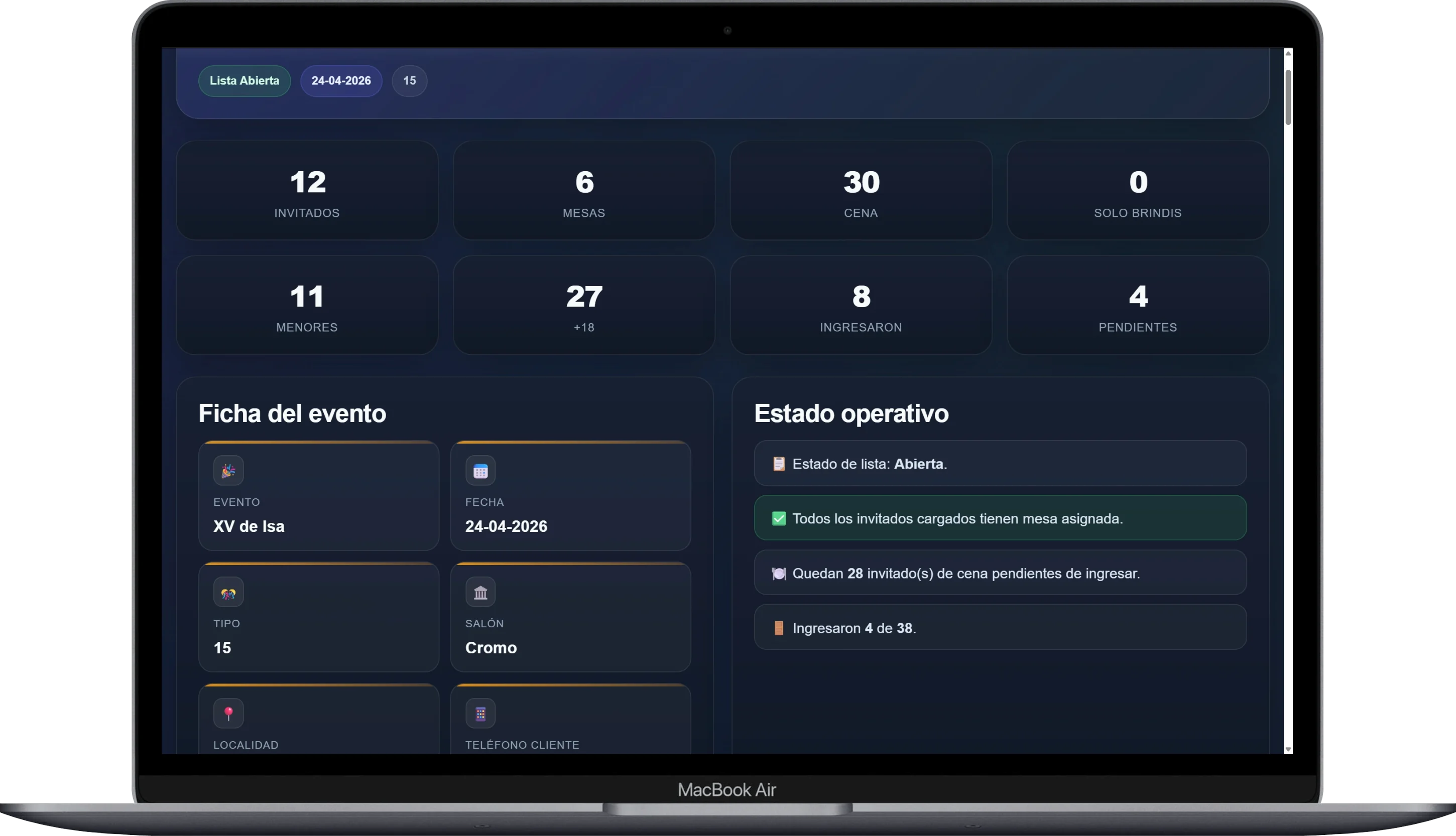 Panel organizador - Tu Lista de Invitados