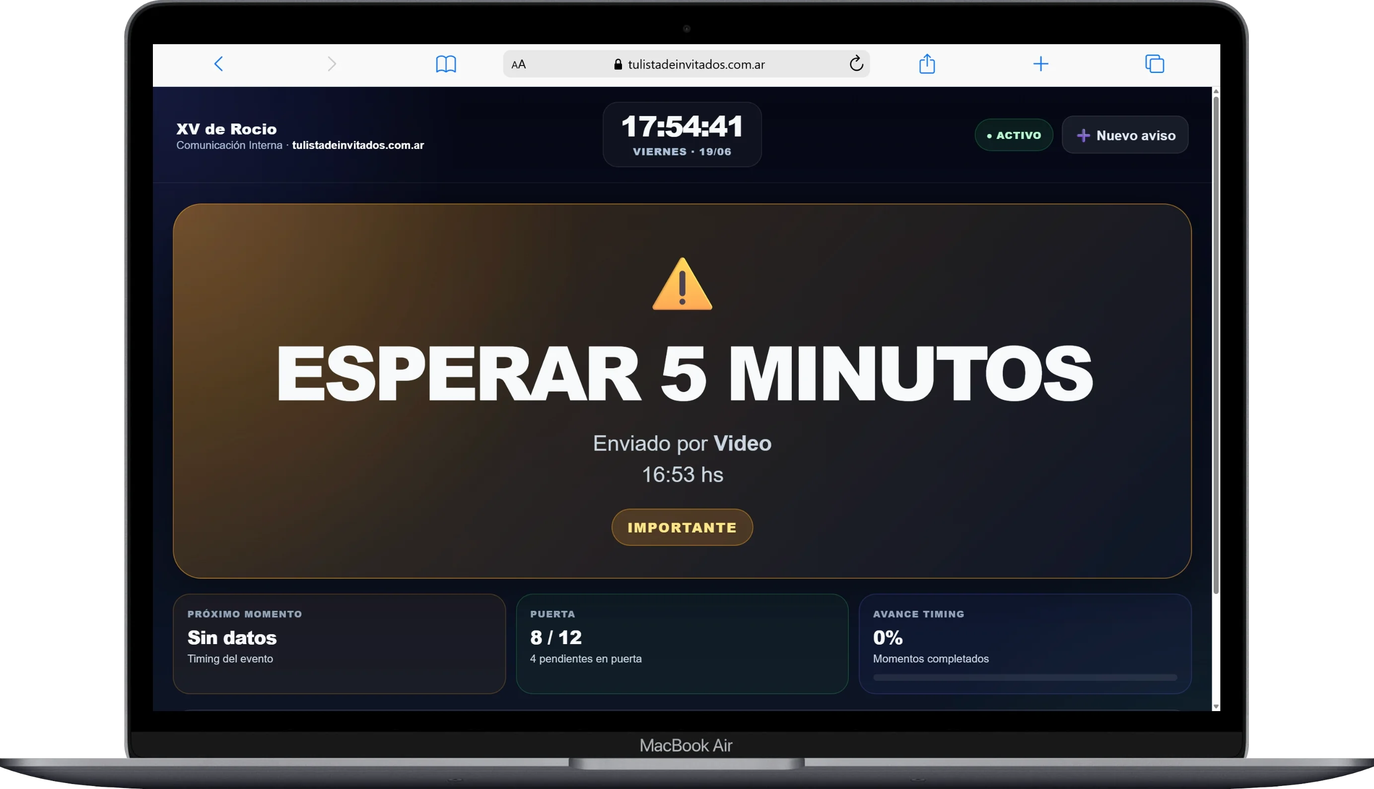 Pantalla operativa en vivo - Tu Lista de Invitados